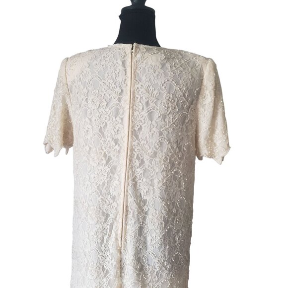 Vintage 80s Beaded Tiered White Cream Shift Dress Size M Wedding Elegant - Picture 10 of 13